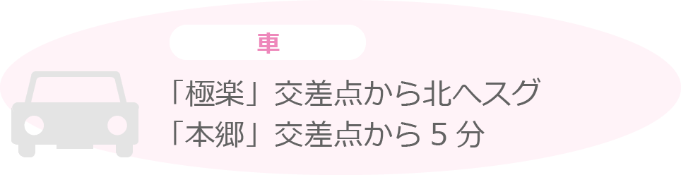 車　「極楽」交差点から北へスグ　「本郷」交差点から5分